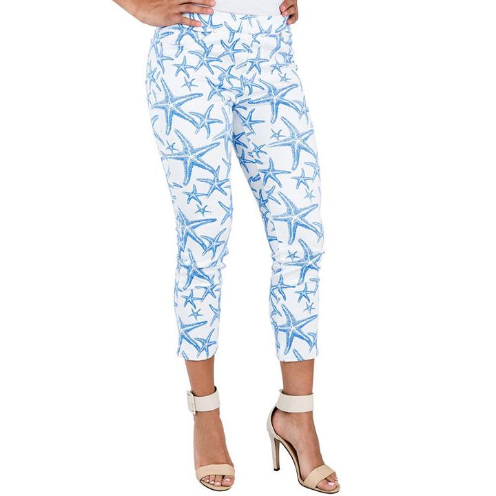 Beachy Star Print Stretch White Twill Slim Straight Capri Jegging