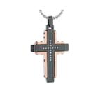 Mens Cubic Zirconia Black Stainless Steel And Rose Ip Textured Cross Pendant Necklace