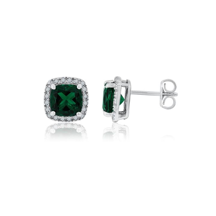 Cushion Simulated Emerald Sterling Silver Stud Earrings