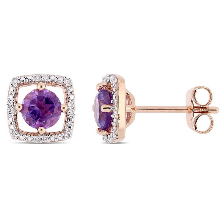 Diamond Accent Genuine Purple Amethyst 10k Rose Gold 8.4mm Square Stud Earrings