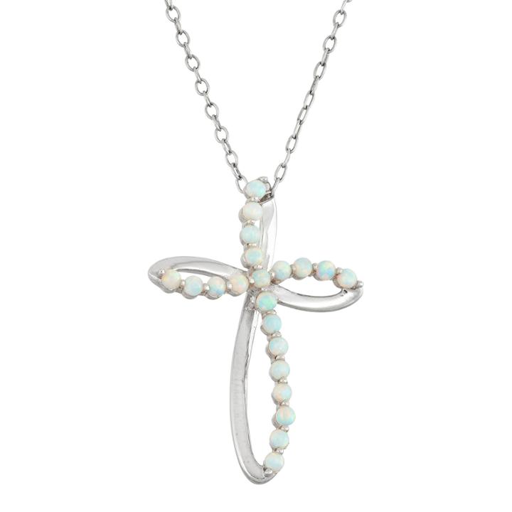 Lab Created Opal Sterling Silver Swirl Cross Pendant Necklace