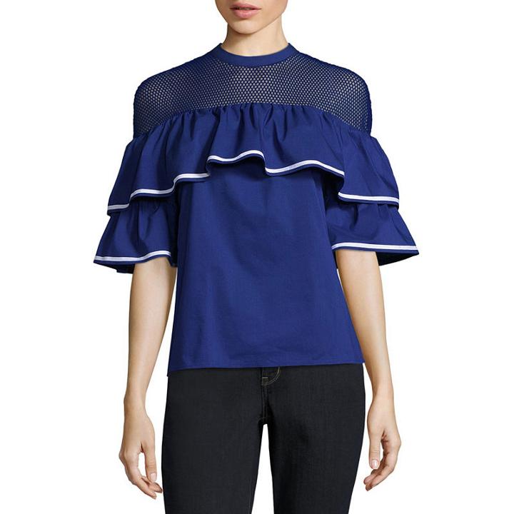 Belle + Sky Short Sleeve Mesh Yoke Ruffle Top