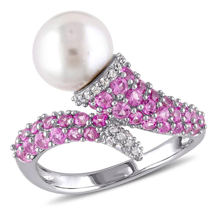 Womens Genuine White Pearl Sterling Silver Cocktail Ring