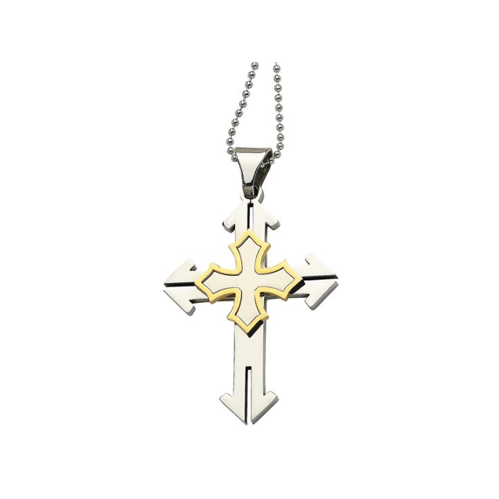 Mens Stainless Steel Gold Ion-plated Cross Pendant