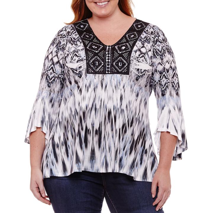 Unity World Wear 3/4 Sleeve V Neck Knit Blouse-plus