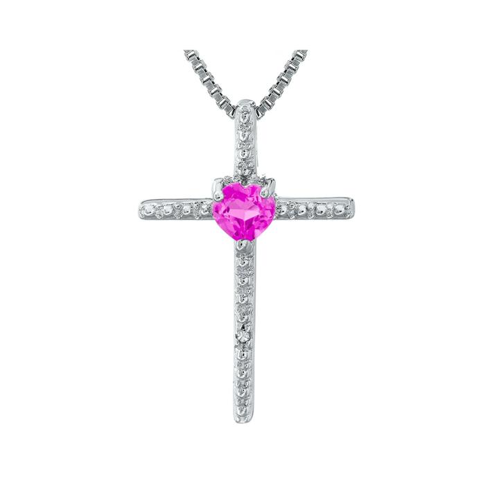 Lab-created Pink Sapphire And Diamond-accent Sterling Silver Cross And Heart Pendant Necklace