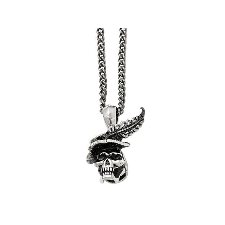 Mens Stainless Steel Antiqued Skull With Feather Pendant