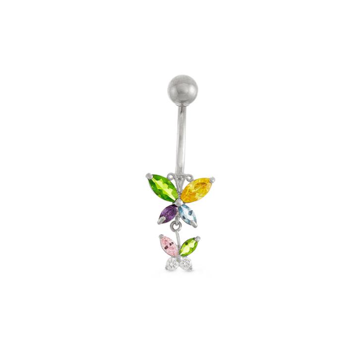 10k White Gold Multi-color Cubic Zirconia Butterfly Belly Ring