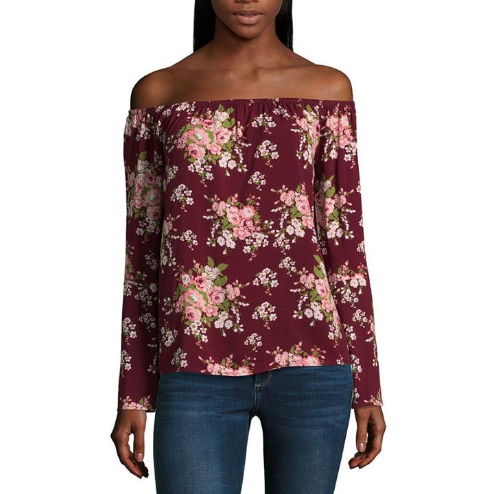 Miss Chievous Long Sleeve Straight Neck Woven Floral Blouse-juniors