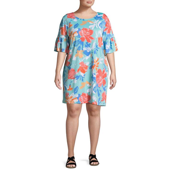 Lark Lane Must Haves Brush Stroke Blooms Ruffle Sleeve Dress- Plus