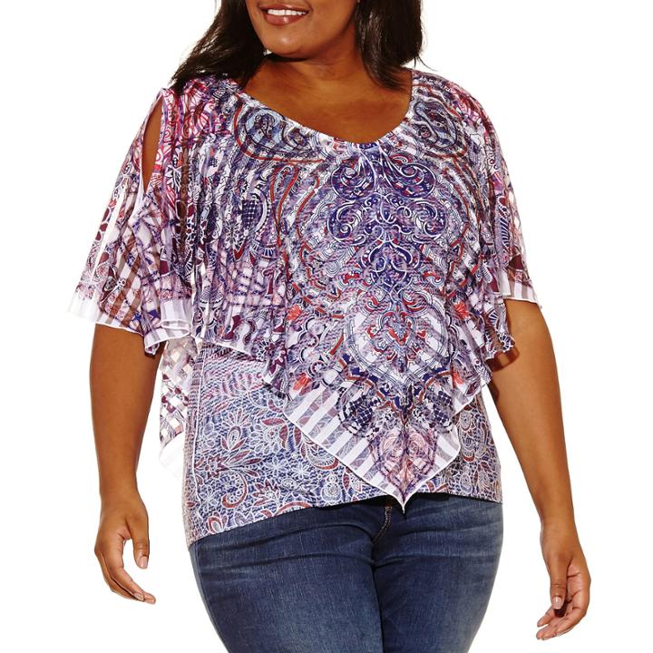 One World Apparel Short Sleeve V Neck Woven Geometric Blouse-plus