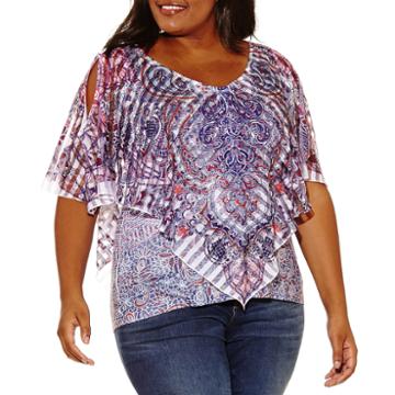 One World Apparel Short Sleeve V Neck Woven Geometric Blouse-plus