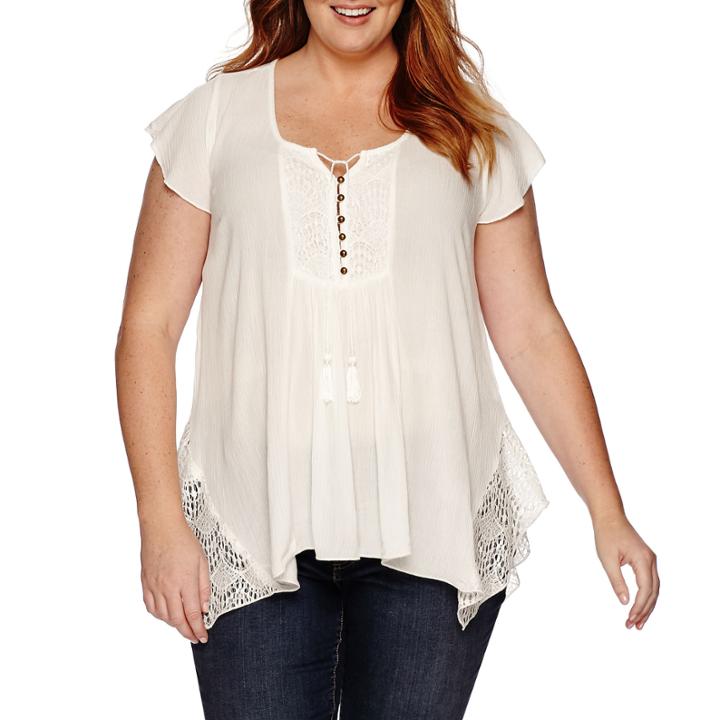 Unity&trade; Short-sleeve Rayon Gauze Peasant Top With Lace - Plus