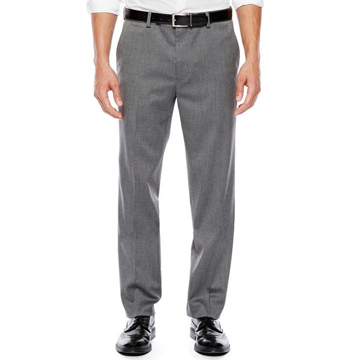 Jf J. Ferrar Wool Blend Grey Herringbone Flat-front Stretch Suit Pants - Classic Fit