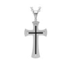 Mens Two-tone Stainless Steel And Black Resin Fleur De Lis Cross Pendant Necklace