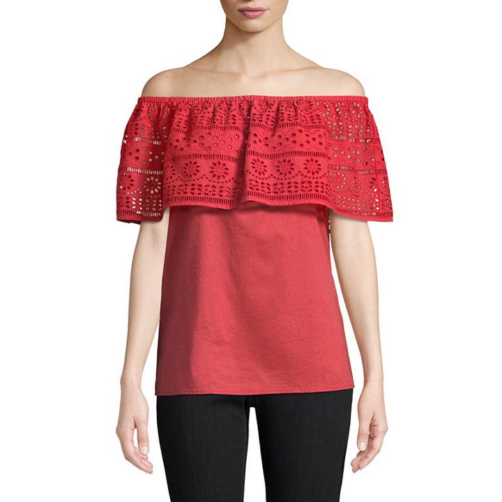 St. John's Bay Short Sleeve Straight Neck Woven Lace Blouse