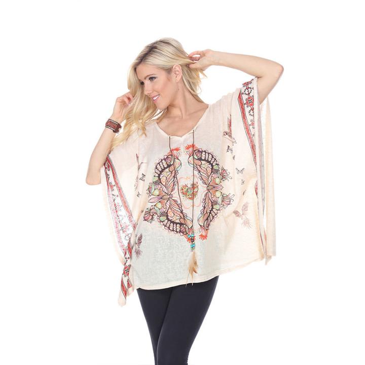 White Mark Printed Poncho With Split Neckline And Tassel Ties