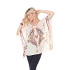 White Mark Printed Poncho With Split Neckline And Tassel Ties