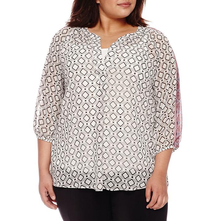 Alyx 3/4 Sleeve Y Neck Woven Geometric Blouse-plus