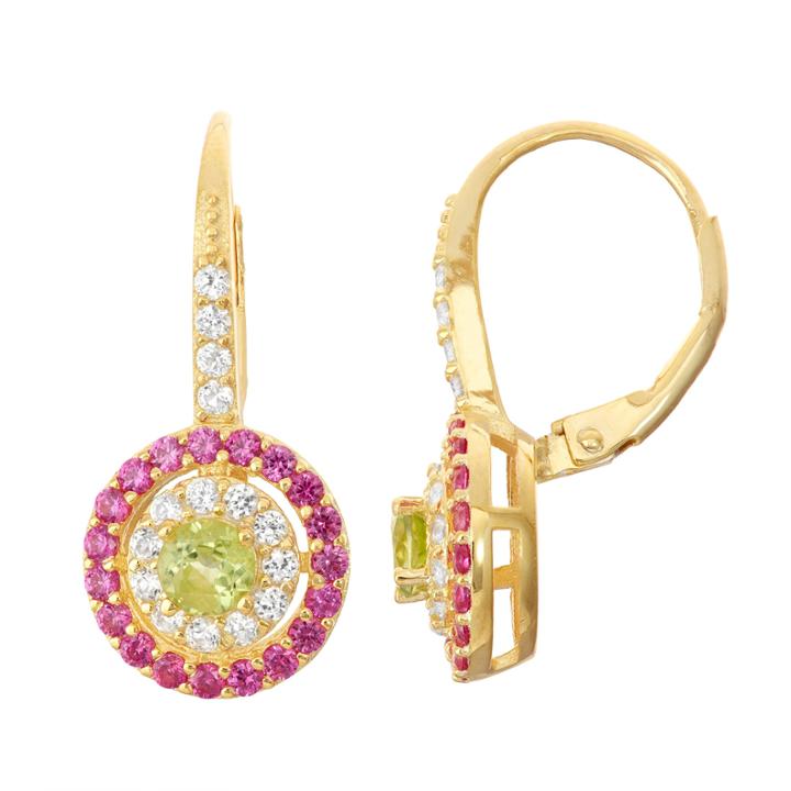 Genuine Peridot & Lab-created Ruby 14k Gold Over Silver Leverback Earrings