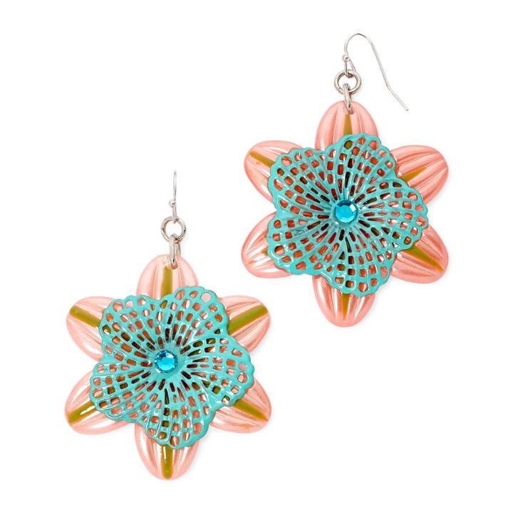 Aris By Treska Pink Silver-tone Flower Earrings