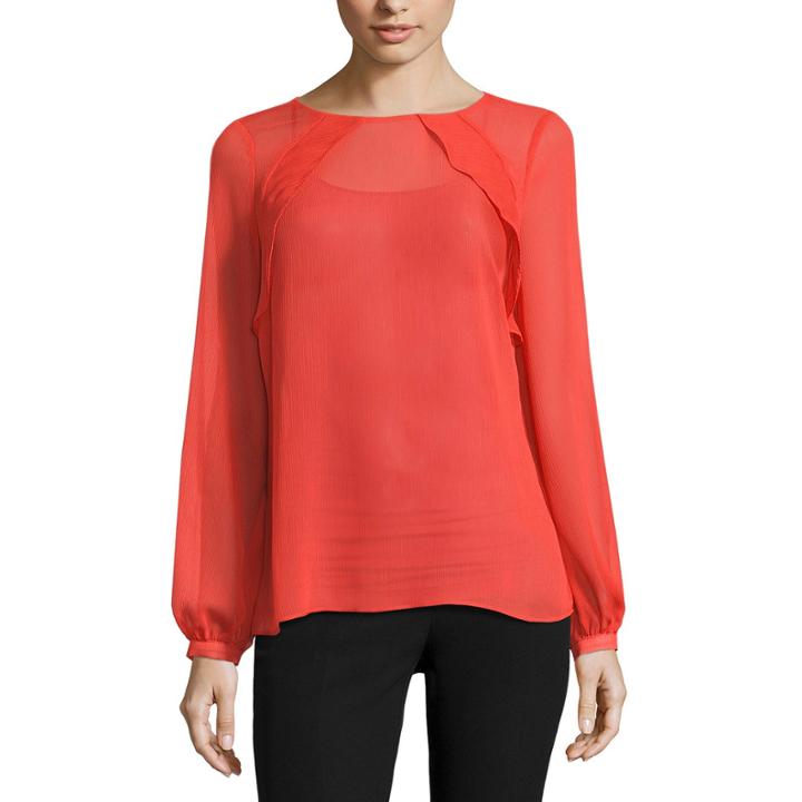 Worthington Long Sleeve Ruffle Yoke Blouse