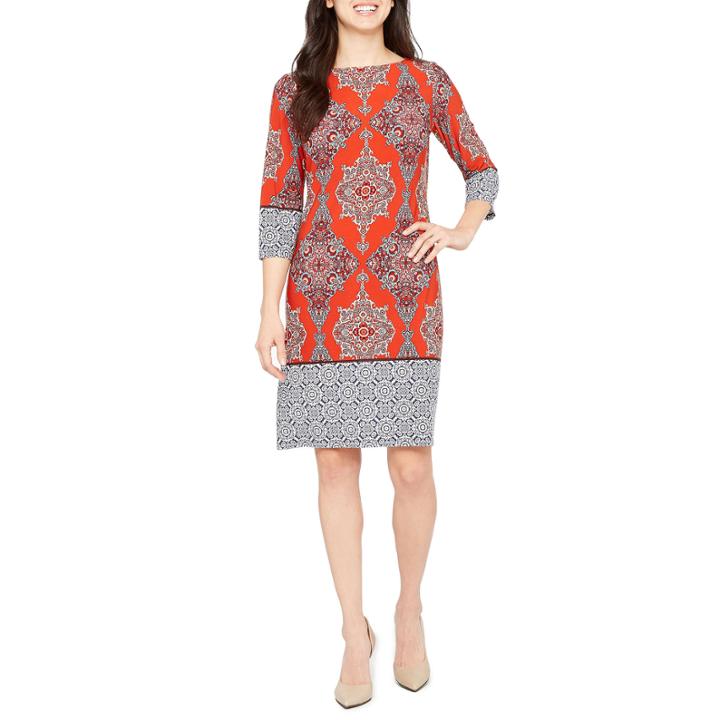 London Style Short Sleeve Pattern Sheath Dress