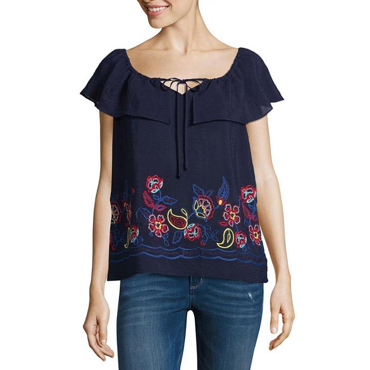 By & By Short Sleeve Scoop Neck Gauze Blouse-juniors