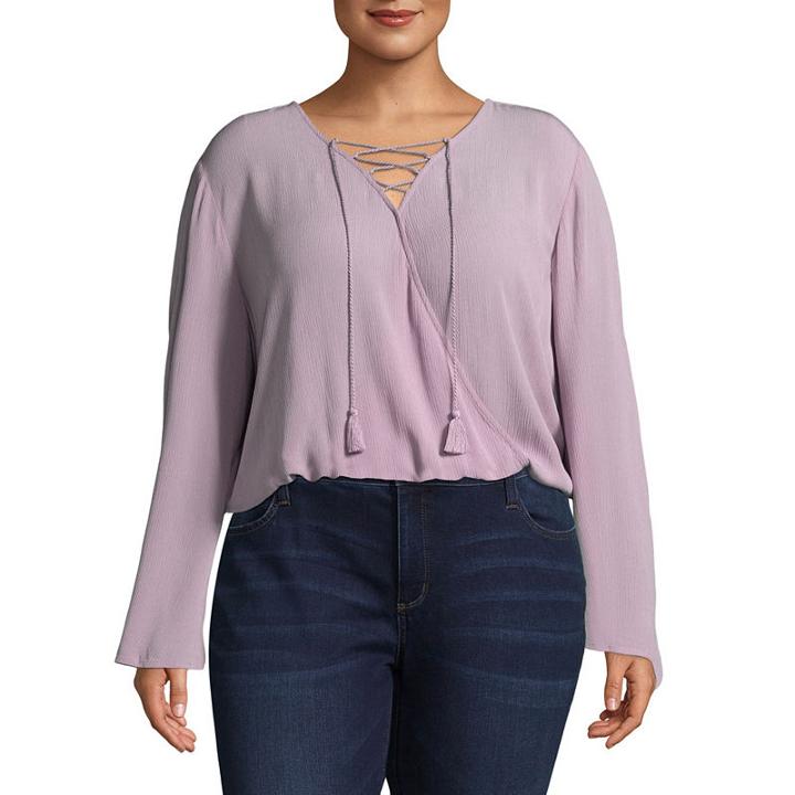 Arizona Long Sleeve V Neck Woven Blouse-juniors Plus