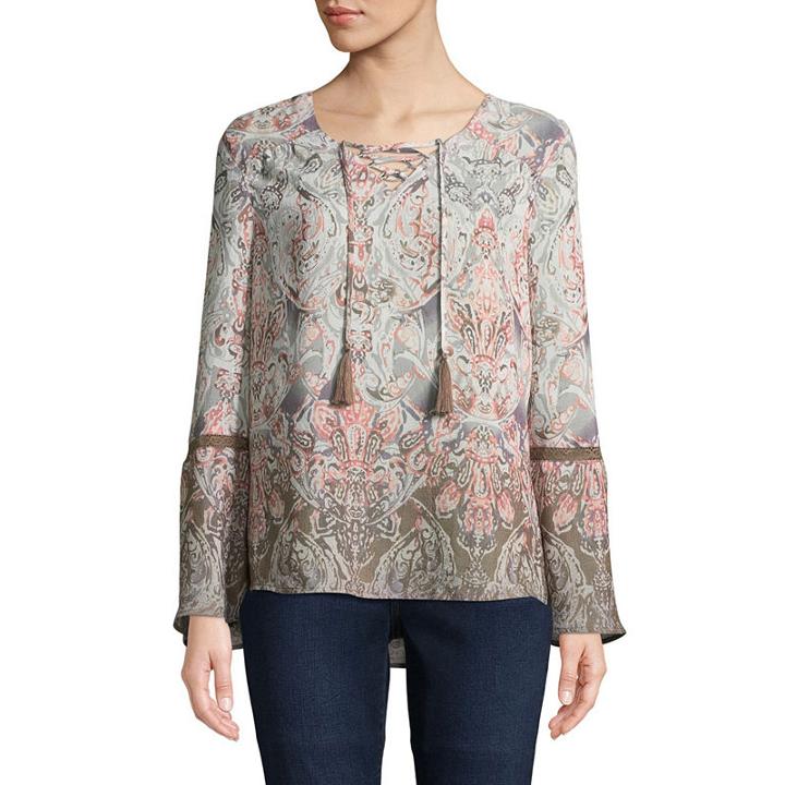 St. John's Bay Long Sleeve V Neck Woven Blouse
