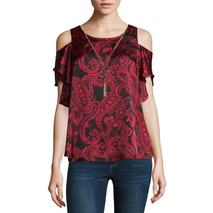 By & By Short Sleeve Crew Neck Satin Paisley Blouse-juniors