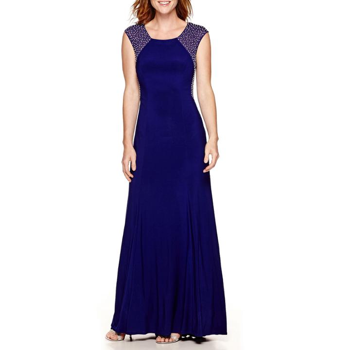 Jackie Jon Cap-sleeve Beaded Formal Gown