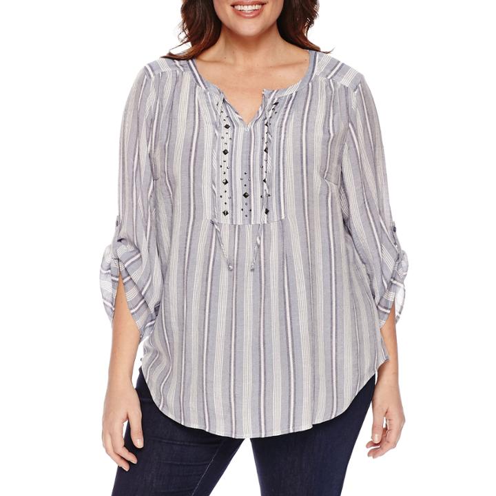 Liz Claiborne 3/4 Sleeve Roll Tab Sleeve Peasant Top Plus
