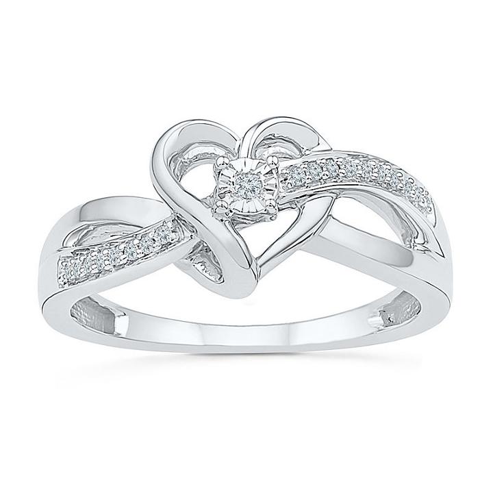 Womens Diamond Accent Genuine Diamond White Sterling Silver Heart Crossover Ring