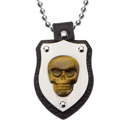 Inox Jewelry Mens Genuine Tiger's Eye Skull Shield Pendant