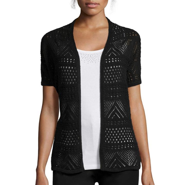 St. John's Bay Short-sleeve Pointelle Flyaway Cardigan - Tall