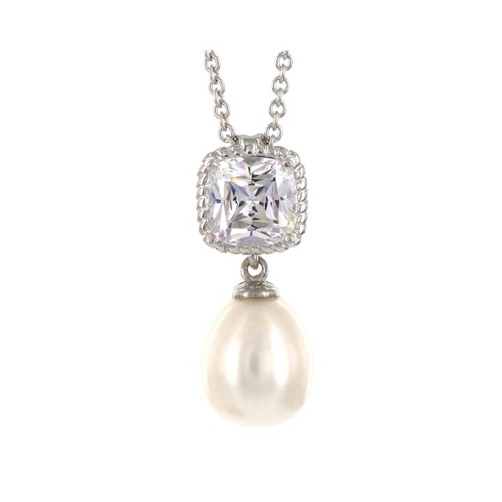 Diamonart Cultured Freshwater Pearl And Cubic Zirconia Sterling Silver Pendant Necklace