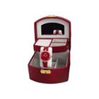 Burgi Womens Diamond Accent Rose-tone & Red Strap Watch And Jewelry Box Set