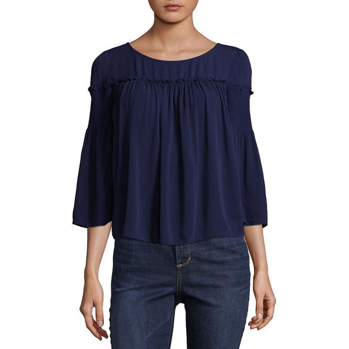 Arizona 3/4 Sleeve Round Neck Woven Blouse-juniors