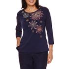 Alfred Dunner Sierra Madre 3/4 Sleeve Embroidery Top