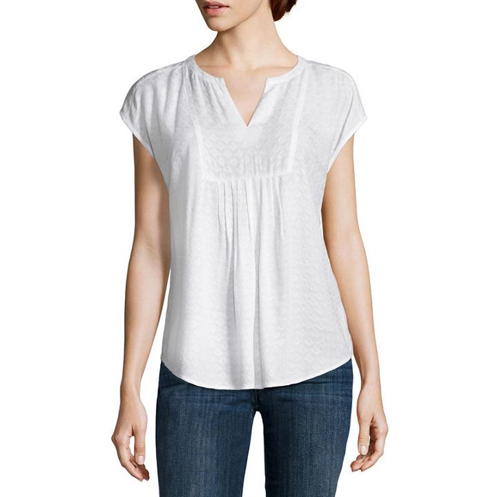 Liz Claiborne Short Sleeve Split Crew Neck Woven Floral Blouse