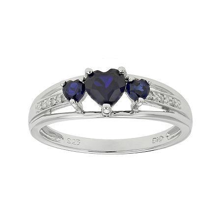 Lab-created Sapphire Heart-shaped 3-stone Sterling Silver Ring