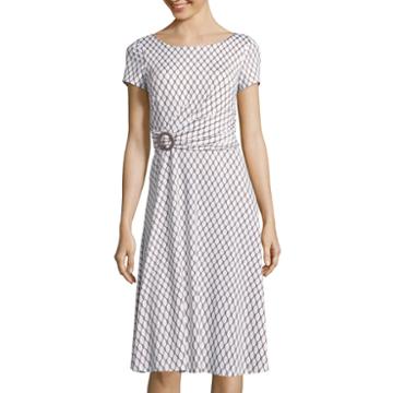 Perceptions Short-sleeve Side-buckle Geo-print Fit-and-flare Dress