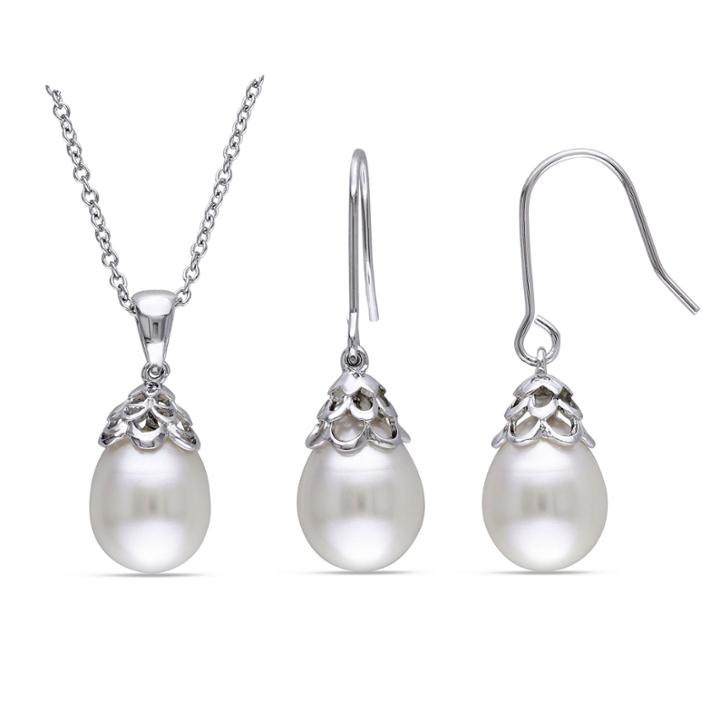White Cultured Freshwater Rice Pearl Sterling Silver Earrings & Pendant Necklace 2-piece Set