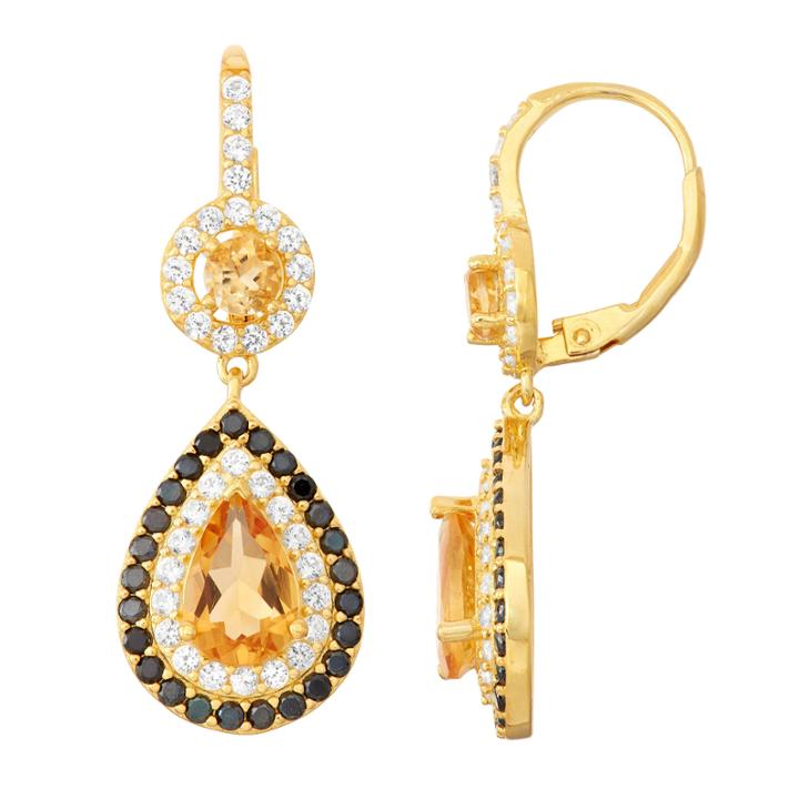 Genuine Citrine & Lab-created Black Spinel 14k Gold Over Silver Leverback Earrings