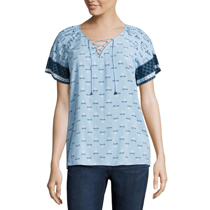 St. John's Bay 3/4 Sleeve Crew Neck Woven Blouse-petites