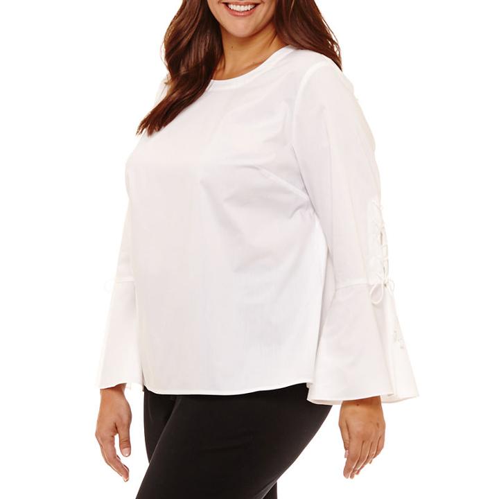 Worthington Long Lace Up Sleeve Woven Blouse-plus