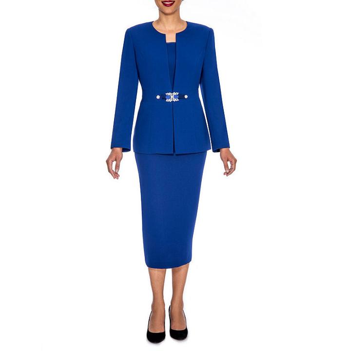 Giovanna Signature Women's Rhinestone Brooch 3-piece Skirt Suit- Plus