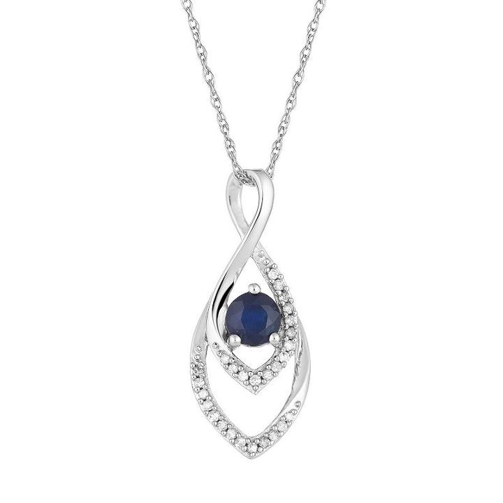 Womens Diamond Accent Genuine Blue Sapphire 10k White Gold Pendant Necklace