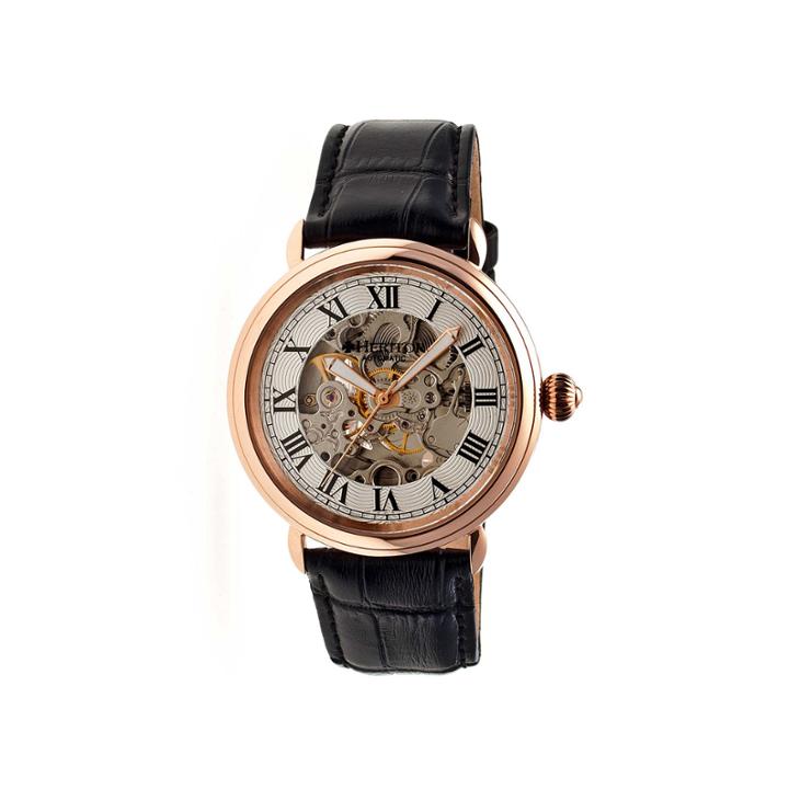 Heritor Automatic Ossibus Mens Skeleton Dial Leather-band Rose Gold/silver Tone Watch